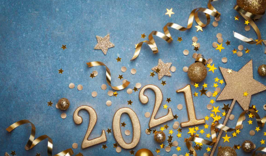 Gold 2021 numbers on a blue background with stars, ribbons and streamers.