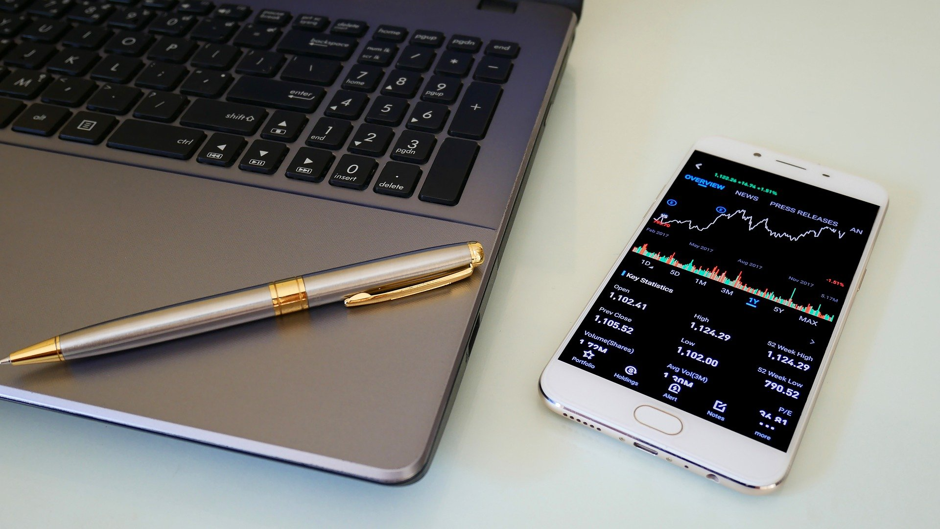 A close-up photo of a pen, laptop, and mobile device on a tabletop.