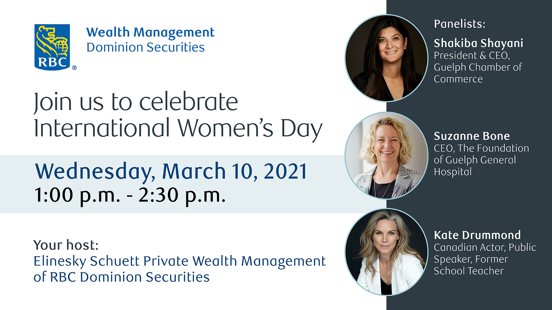Image of three women on a white background with the following text: Join us to celebrate International Women's Day. Choose to challenge. Wednesday, March 10, 2021, 1:00 p.m. - 2:30 p.m. Online, via WebEx. Panelists.