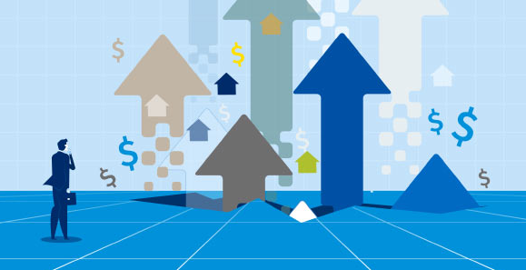 Graphic image of arrows and dollar signs moving upwards