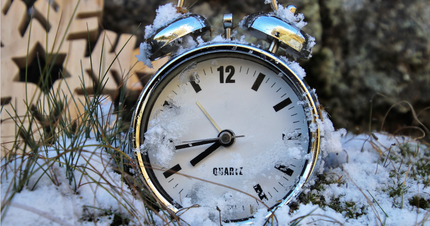 Old fashion alarm clock in the snow.