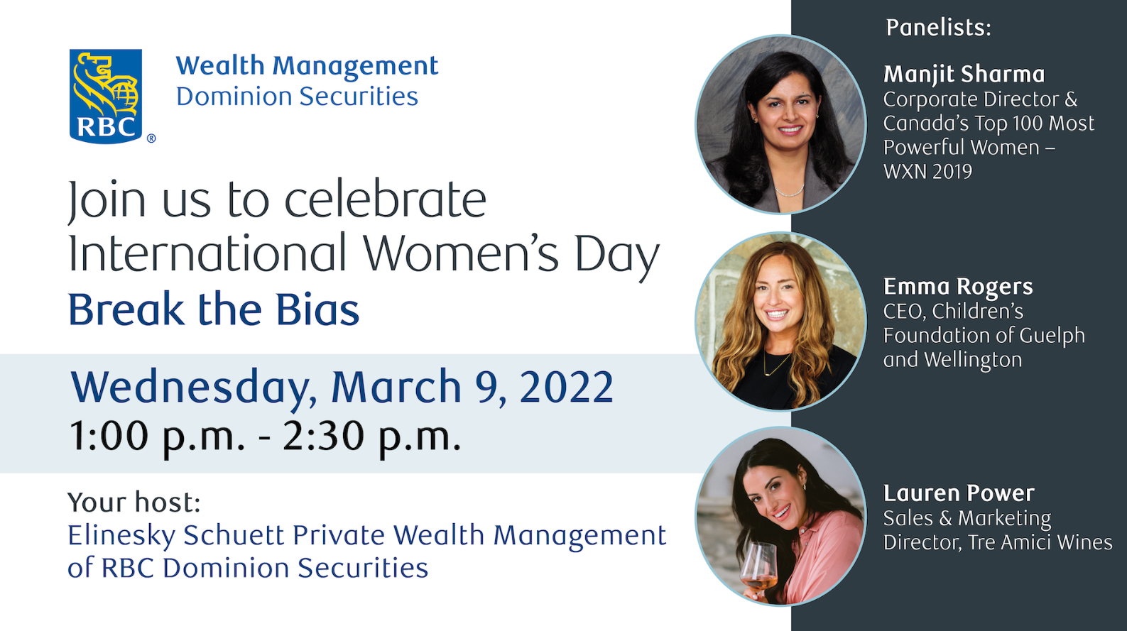 International Women's Day event promotion, including date and time information, and photos of the three panelists.