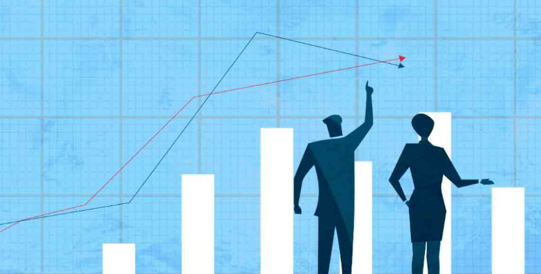 cartoon male and female looking at bar chart