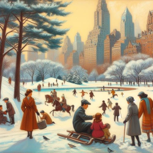 A traditional winter scene of families playing in a park