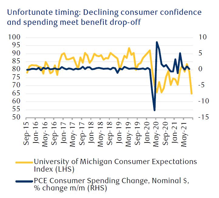 The line chart tracks the monthly change in consumer spending and survey data on consumer expectations for future economic conditions. The chart reflects a flat-lining in consumer spending and a drop in consumer expectations in August.