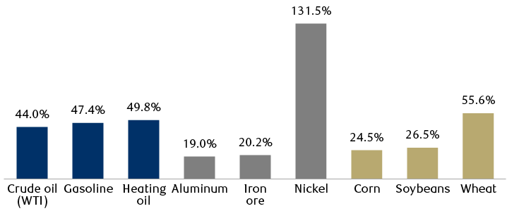 Year-to-date performance of select energy, metals, and agricultural commodities.
