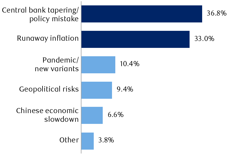 A bar chart showing that in a survey of 106 asset managers across the globe, the main risks to their 2022 outlook for stocks were identified as follows: Central bank tapering/policy mistake 36.8%, Runaway inflation 33%, Pandemic/new variants 10.4%, Geopolitical risks 9.4%, Chinese economic slowdown 6.6%, and other 3.8%.
