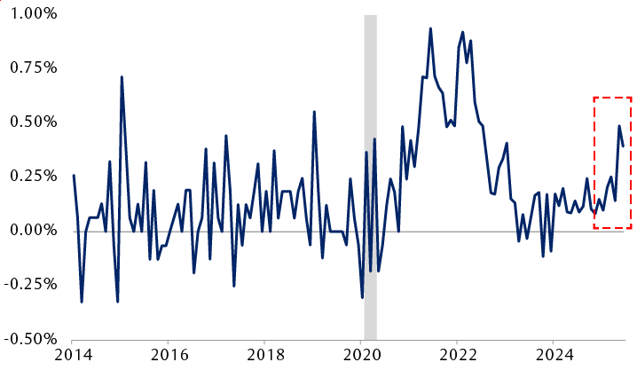 Month-over-month percentage change in the U.S. Producer Price Index (PPI) for durable consumer goods from 2014 through June 2025
