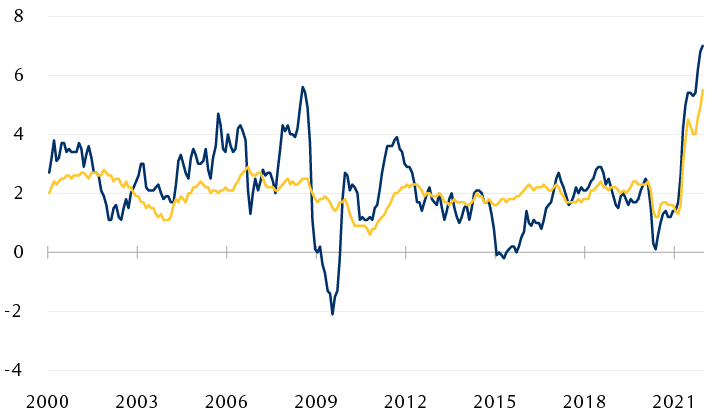 The line chart shows the long-term trend of the Consumer Price Index (CPI) and the CPI Core rate (excludes food and energy) since 2000, and it includes the recent spikes to 7.0% and 5.5%, respectively. The CPI is now at the highest level since 2009.