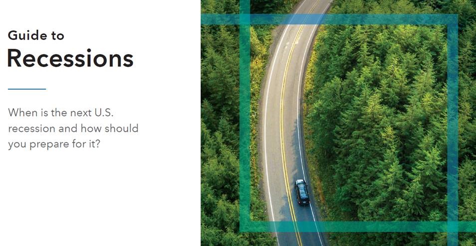 Text saying "A Guide to Recessions" with an image of a car driving through a forest.