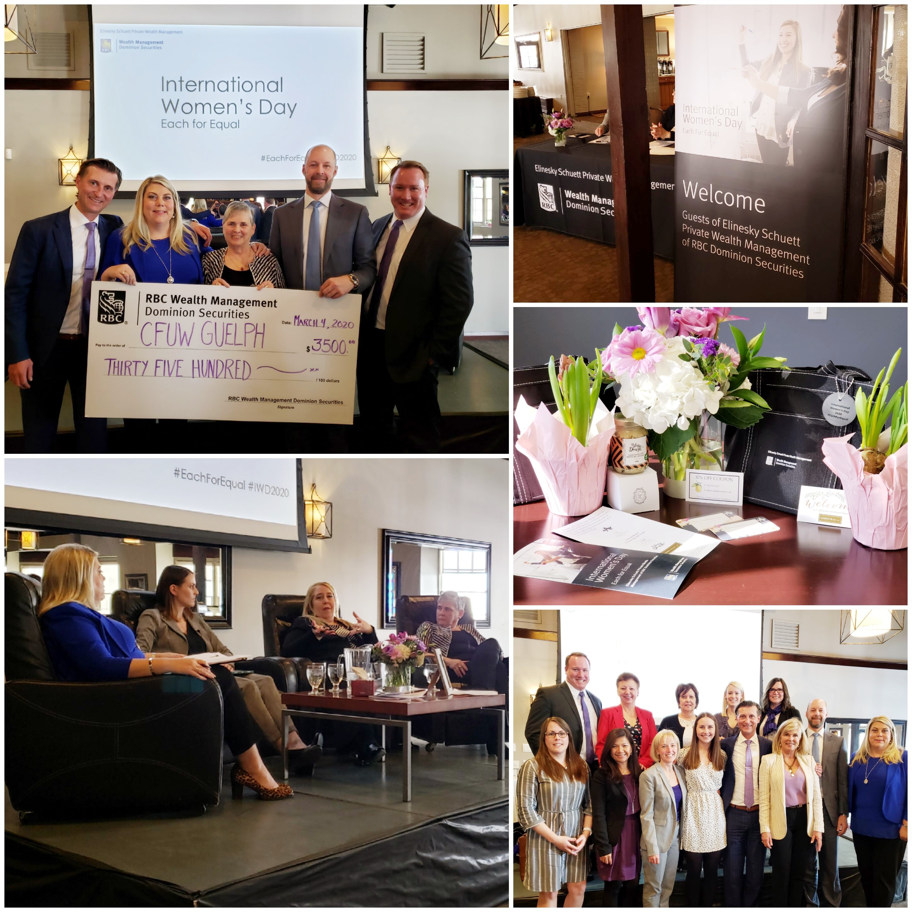 Photo collage: Top left, group of business people holding an oversized cheque. Bottom left, four business women sitting on large chairs on a stage. Top right, a welcome sign and table set up in a room. Middle right, Potted flowers, cards, and a small black bag on a table. Bottom right, group of business people posing for a group picture. 