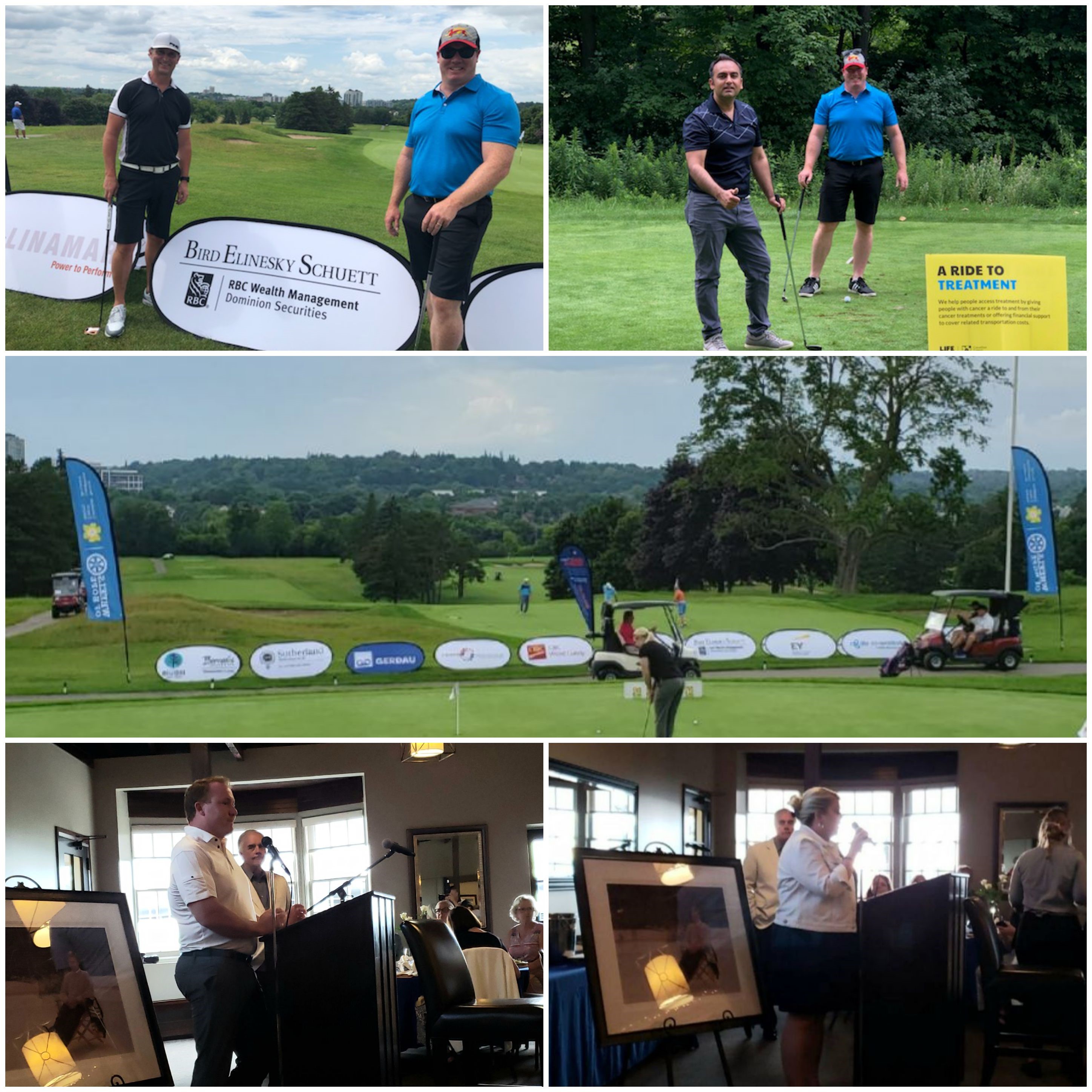 Collage photo: Top left, two golfers standing beside an event sign. Top right, two golfers smiling for the camera. Middle, landscape photo of the golf course with sponsorship signs in the foreground. Bottom left, man at podium speaking to an audience. Bottom right, woman at podium speaking to an audience. 