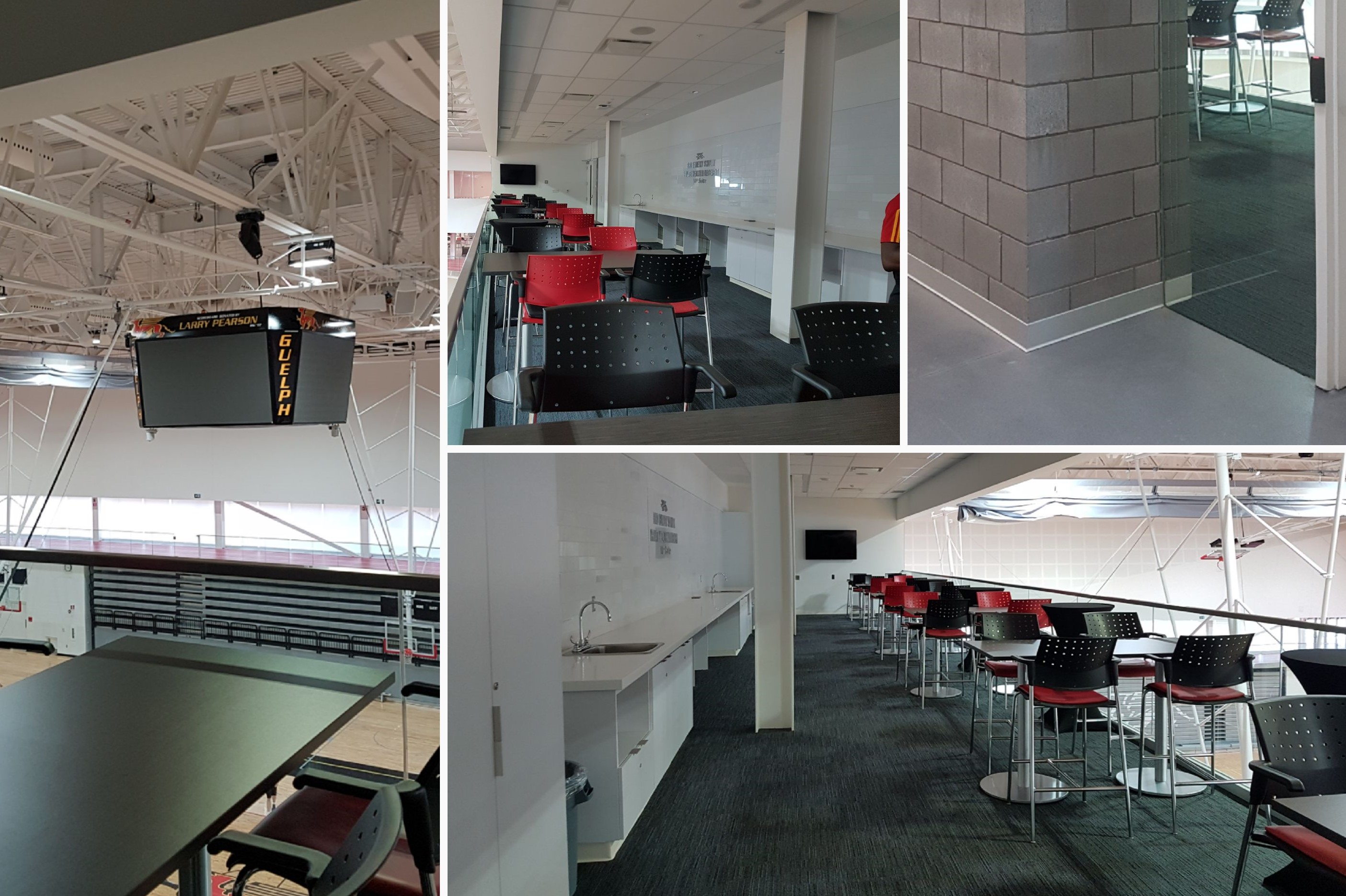 Collage photo: All photos were taken inside the University of Guelph Athletic Centre in the Bird Elinesky Schuett VIP Room. Left, view from VIP room to the scoreboard. Top middle, view of VIP room with high top tables and red and black chairs. Top right, entrance to VIP room. Bottom right, second view of view of VIP room with high top tables and red and black chairs.
