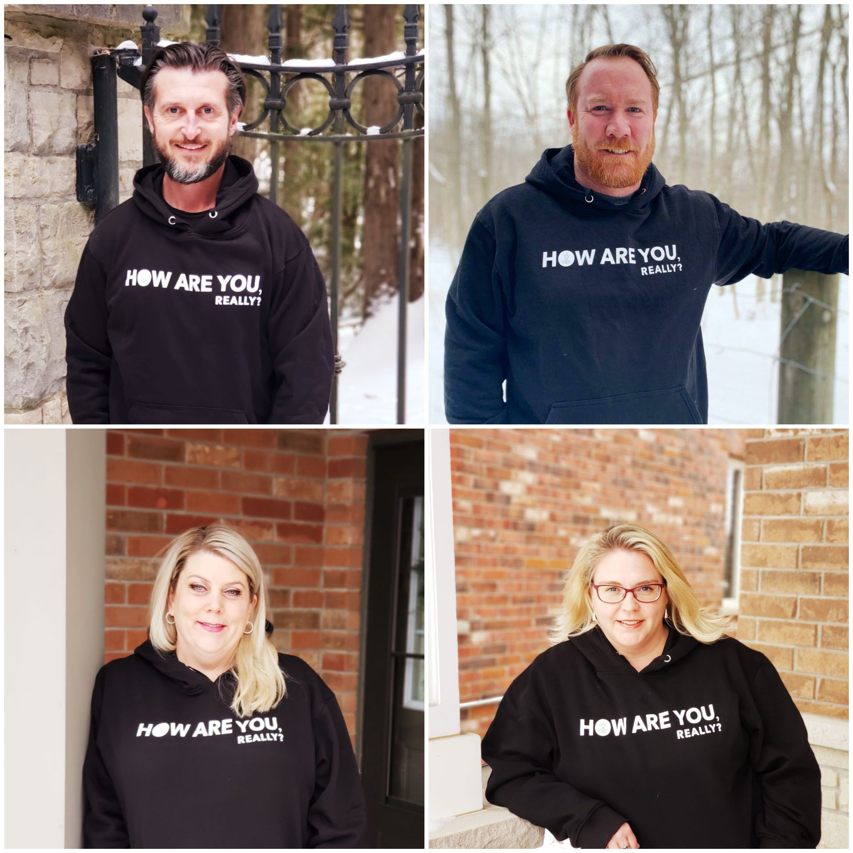 Grid layout of four individuals smiling at the camera and wearing the same sweatshirt that reads 
