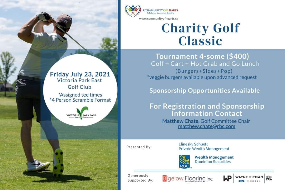 Image of a golfer swinging a club. Text to promote upcoming golf tournament on Friday, July 23. $400 for a foursome. Email to register, matthew.chate@rbc.com. 