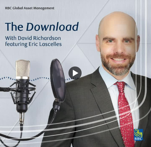 Image of business man smiling at a microphone. Text: RBC Global Asset Management. The Download with David Richardson featuring Eric Lascelles 