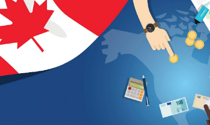Graphic - Canadian flag and hand pointing to money and cards. 