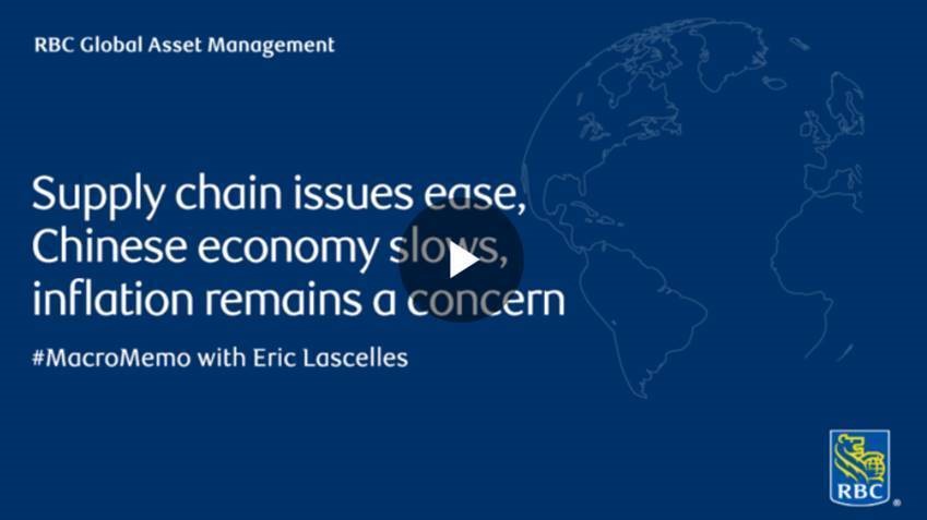White text over blue background with outline of the globe. Text: RBC Global Asset Management. Supply chain issues ease, Chinese economy slows, inflation remains a concern.