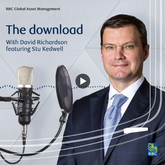 Smiling businessman at a microphone. RBC Global Asset Management. The download. with David Richardson, featuring Stu Kedwell.