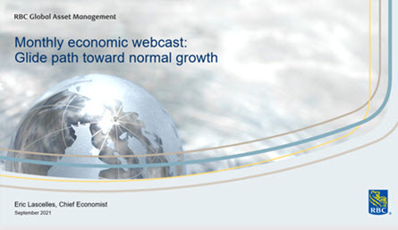 Image of a globe. Text: RBC Global Asset Management. Monthly Economic Webcast: Glide path toward normal growth. 