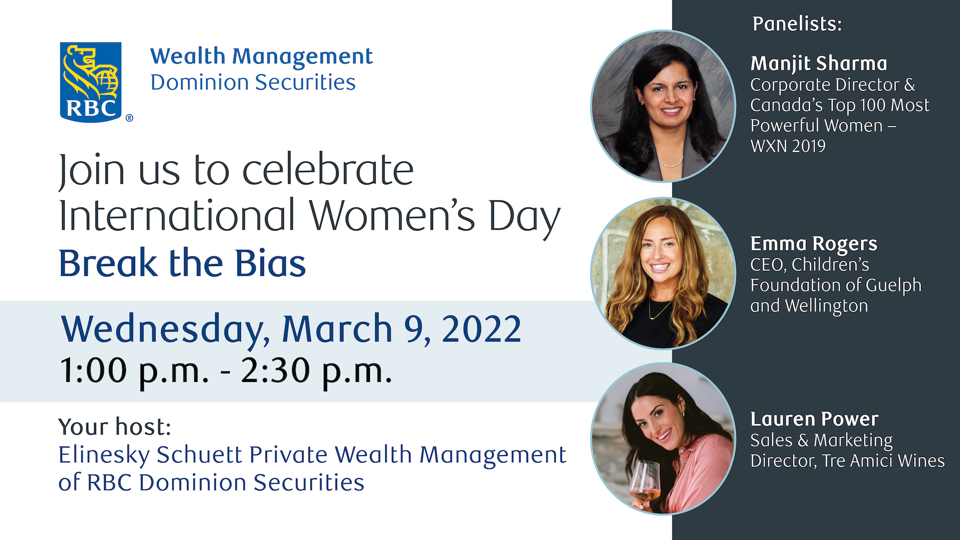International Women's Day event promotion, including date and time information, and photos of the three panelists.