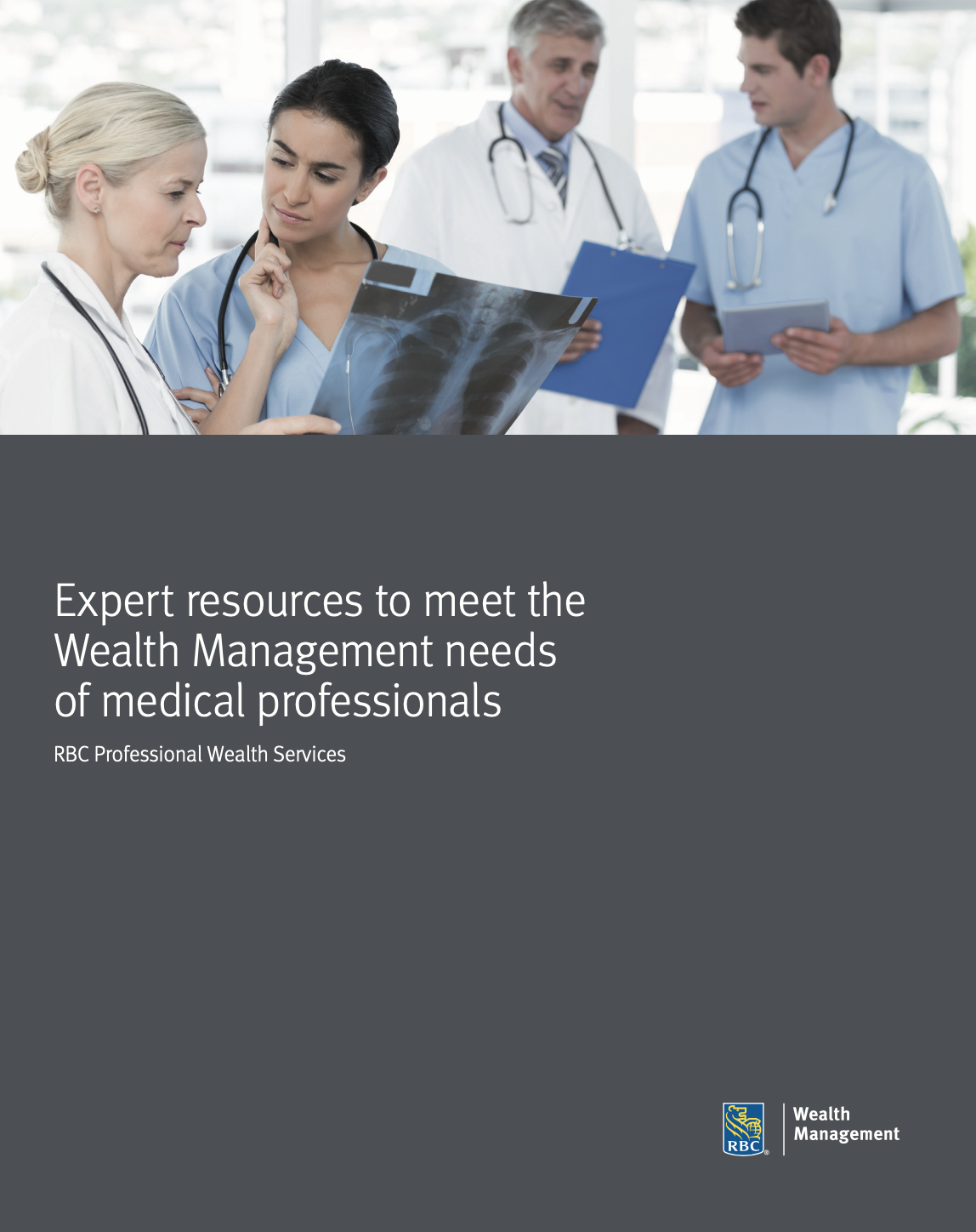 medical professionals brochure in page with medical professionals standing around a table talking
