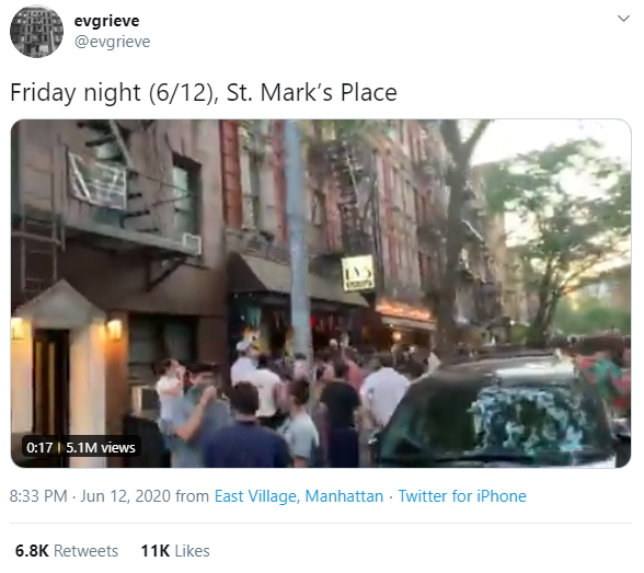 Twitter Post by EvGrieve of Friday Night St Mark's Place in Manhattan New York - Video Link