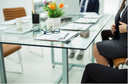 Meeting room table set up for a business meeting