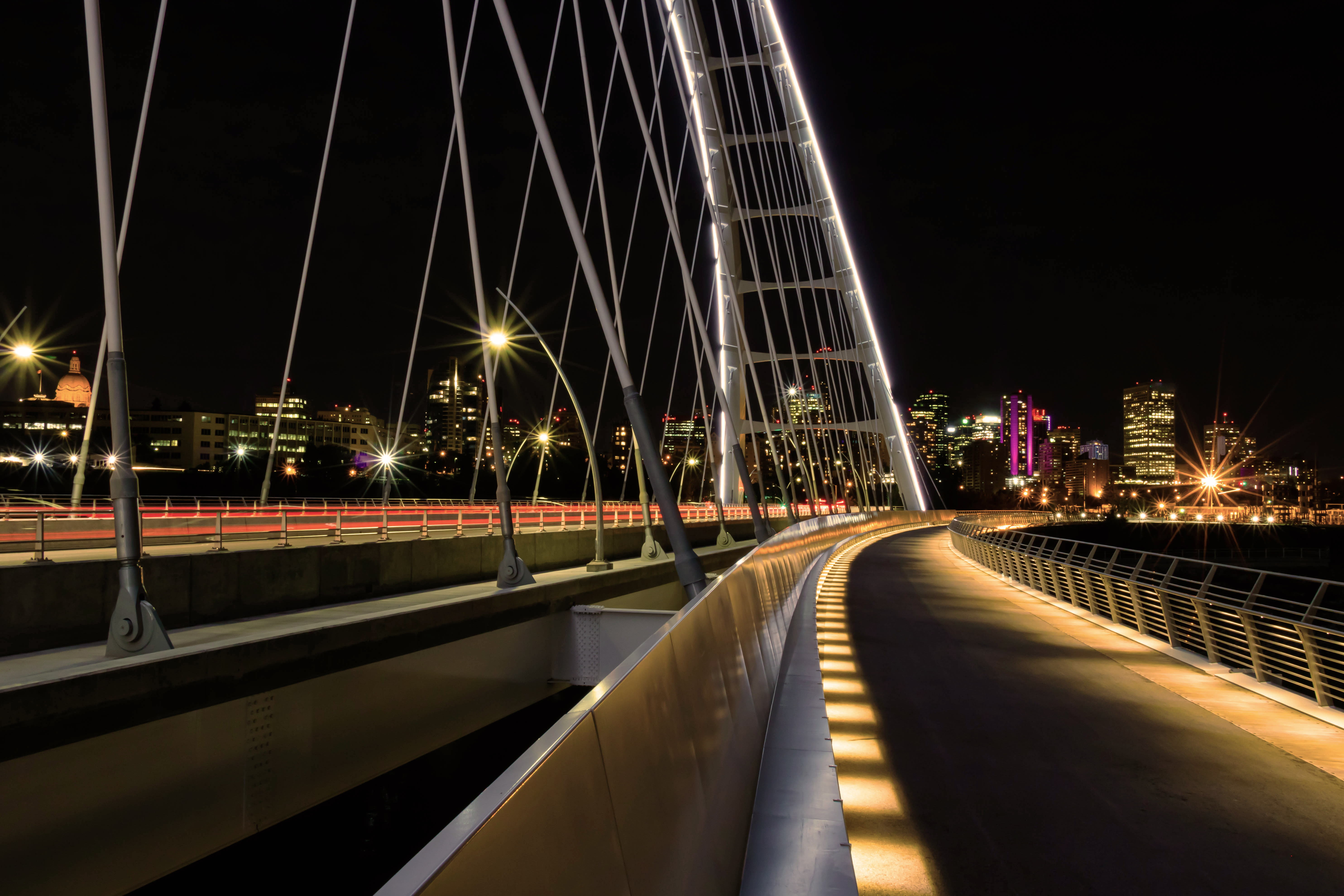 Night view of a modern cable-stayed bridge