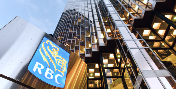 The RBC logo on an office tower.