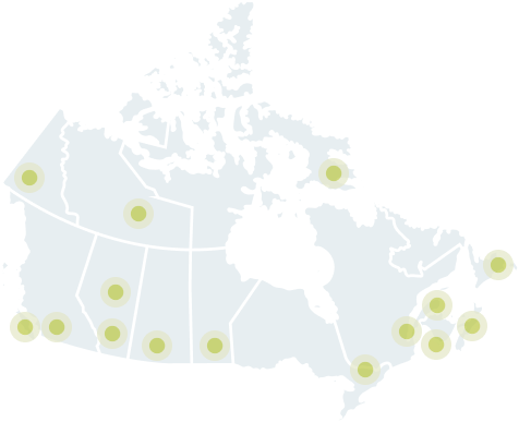 A map of Canada with a dot on all capital cities.