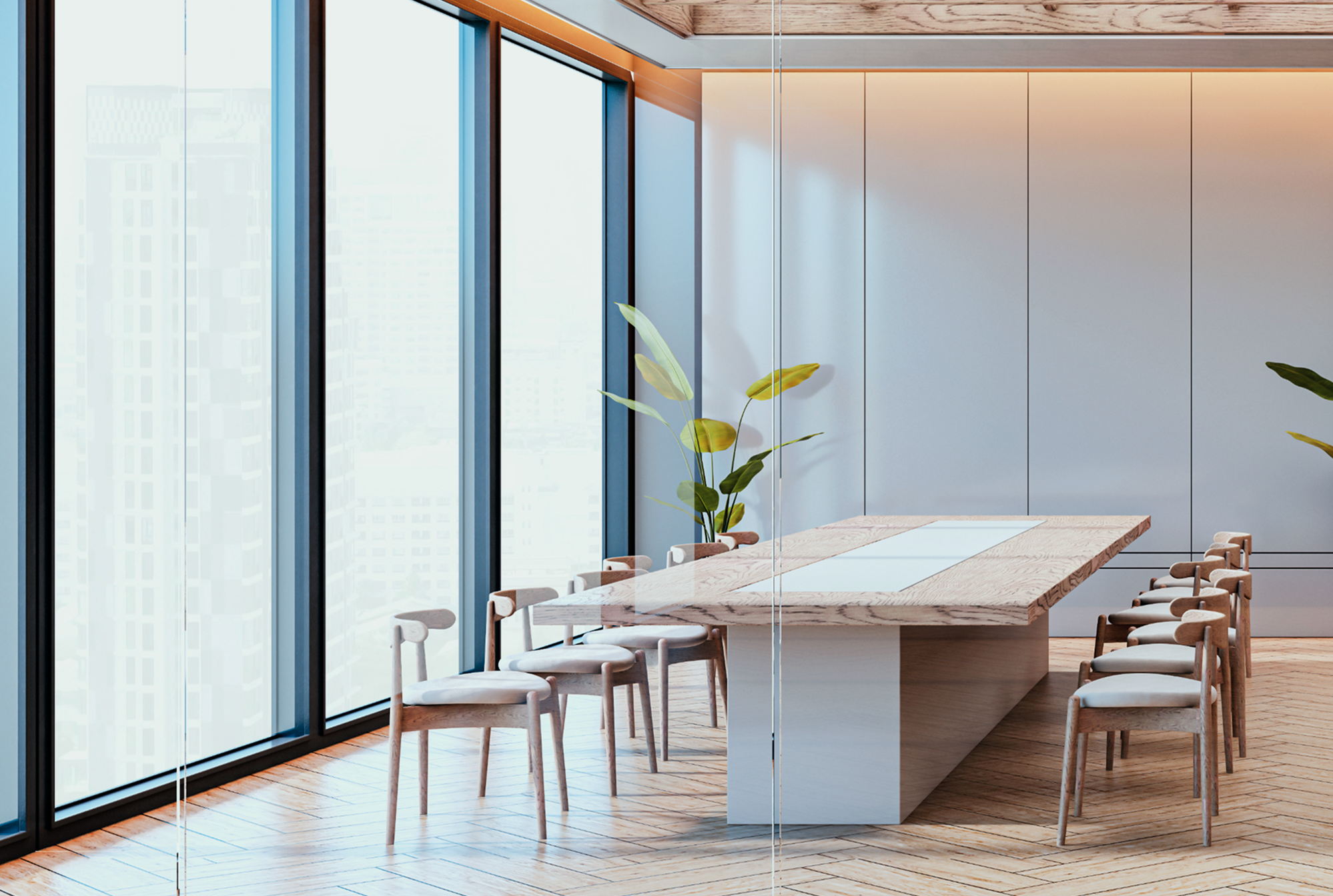A modern and bright boardroom with light wood features and clean lines.