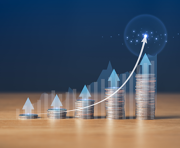A series of stacked coins with a graphic overlay showcasing growth.