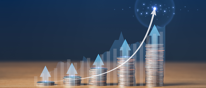 A series of stacked coins with a graphic overlay showcasing growth.
