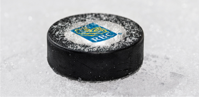 hockey puck with RBC logo. 